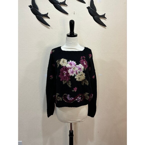 Vintage Carole Little Hand Knit for Saint Tropez West Wool Floral Sweater - M - Picture 1 of 8